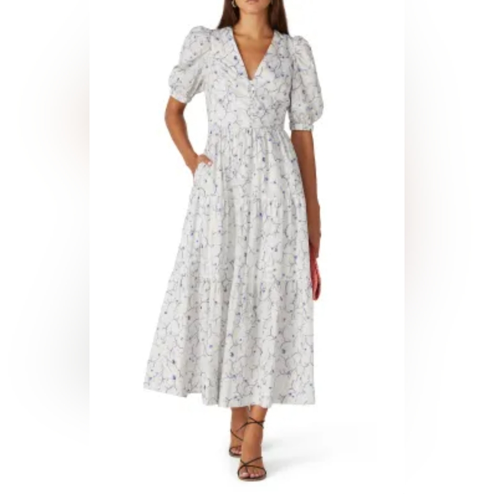 NICHOLAS White Floral Maxi Dress with Blue Print